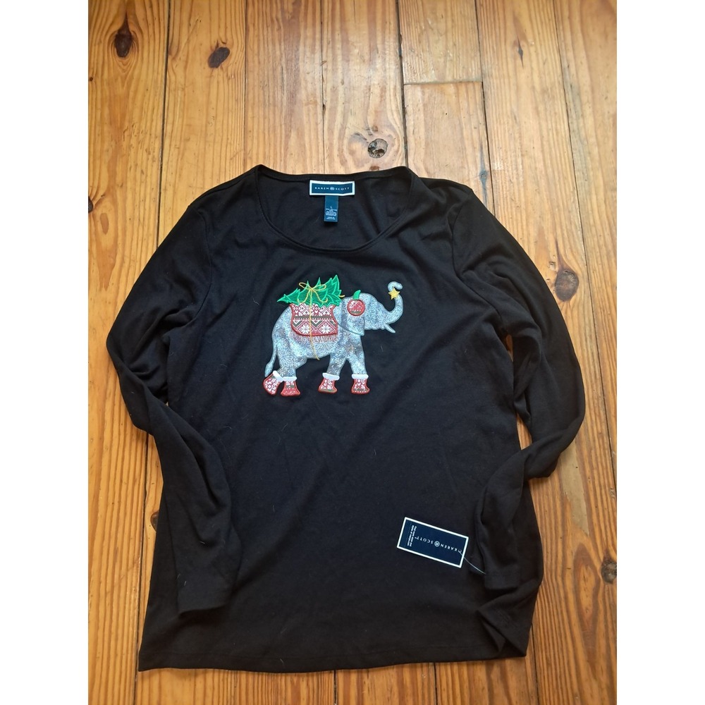 Karen Scott Womens Black Christmas elphant Long Sleeve Graphic Top Size M c1